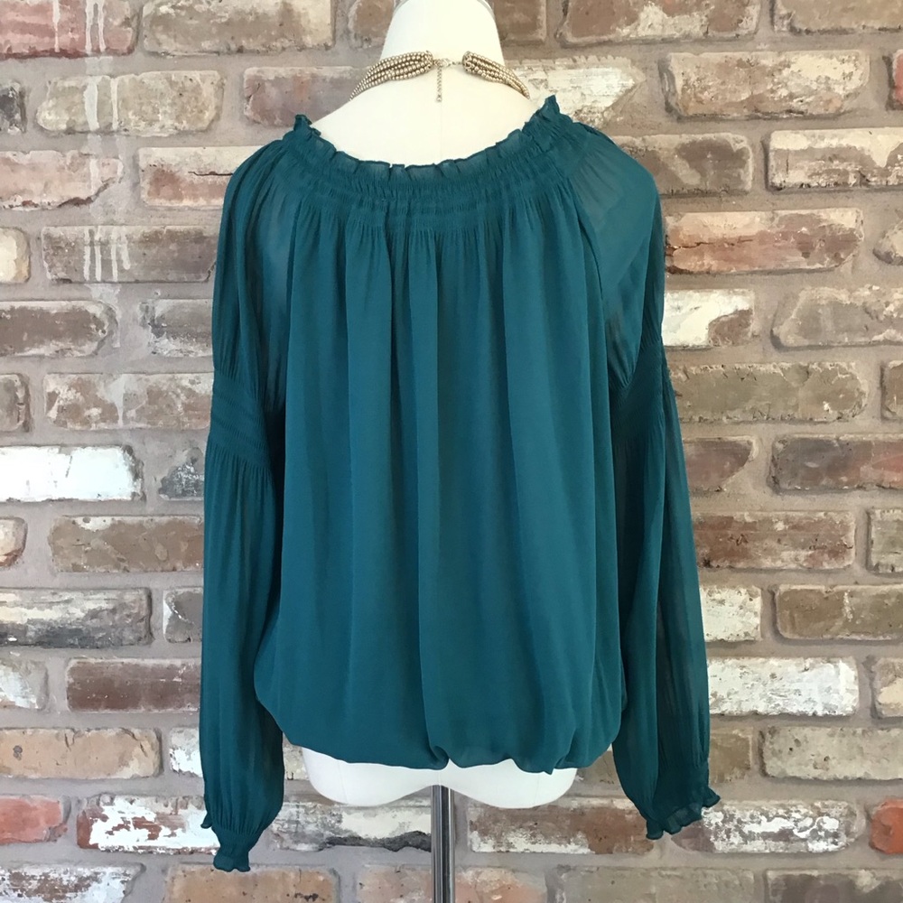 EXPRESS Women's Teal Long Sleeve Peasant Tie V-neck Blouse Top M - Picture 4 of 6